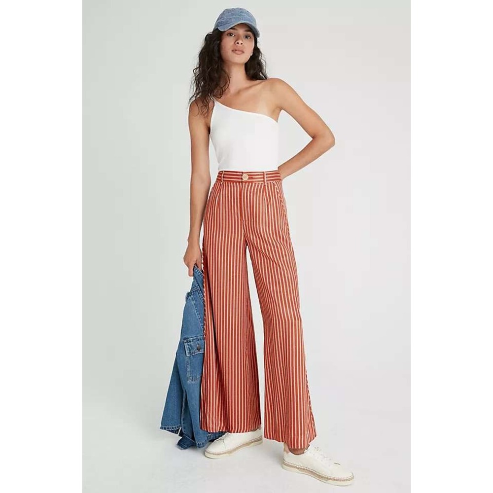 Anthropologie Maeve Alzira Wide Leg Pants Womens 6 Striped Satin High Rise Boho